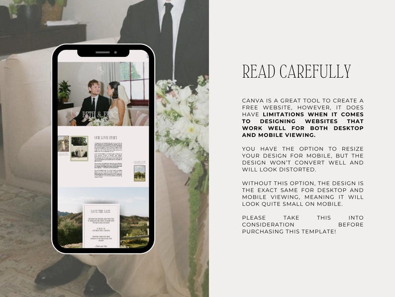 May include: A smartphone displays a wedding website template with photos and text. The screen shows a couple and the words "Beth & Eric." Text on the right side reads "READ CAREFULLY" and provides website design tips.
