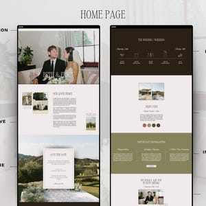 May include: A website design for a wedding, featuring two screens. The left screen displays "Beth & Eric" at the top, with "Your Love Story" and "Save the Date" sections. The right screen shows "The Wedding Weekend" and "Dress Code".