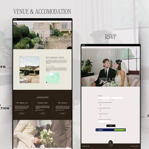 May include: Two computer screens displaying a wedding website. One screen shows venue information with the text "Venue & Accomodation" and "Venue Info & Map". The other screen shows an RSVP form with the text "Beth & Eric" and "Free RSVP Form".