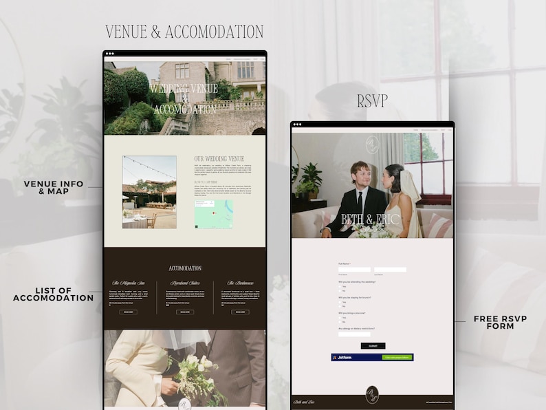 May include: Two computer screens displaying a wedding website. One screen shows venue information with the text "Venue & Accomodation" and "Venue Info & Map". The other screen shows an RSVP form with the text "Beth & Eric" and "Free RSVP Form".