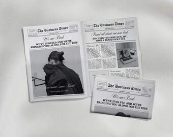 Sjabloon zakelijke Canva-krant, sjabloon voor 2 pagina's kranten, zakelijke aankondigingskrant voor branding fotoshoot, grote krant
