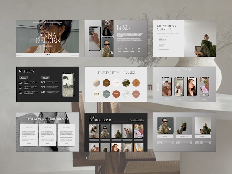 May include: A presentation slide deck with the title "Anna Delors" and the text "Why UGC?" and "Trusted by 30+ Brands". The slide deck features images of a woman wearing sunglasses and a white shirt, and a woman wearing a green shirt and sunglasses.