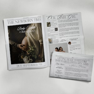 May include: A mock newspaper announcement for a baby shower, with a photo of a pregnant woman and the text "The Newborn Times" and "Baby Nabella Coming Soon!"  The announcement states the baby is due 7th September.  The newspaper also includes a section titled "Our Baby Girl" with text about the baby shower and a photo of a family.