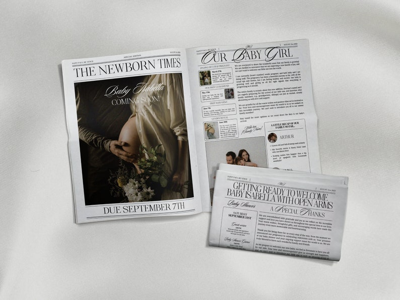 May include: A mock newspaper announcement for a baby shower, with a photo of a pregnant woman and the text "The Newborn Times" and "Baby Nabella Coming Soon!"  The announcement states the baby is due 7th September.  The newspaper also includes a section titled "Our Baby Girl" with text about the baby shower and a photo of a family.