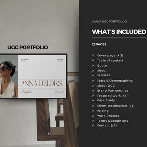 May include: A digital portfolio template for a user-generated content creator. The template includes 23 pages with a cover page, table of contents, quote, about, services, stats and demographics, about UGC, brand partnerships, featured work, case study, client testimonials, pricing, work process, terms and conditions, and contact pages.