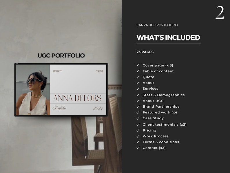 May include: A digital portfolio template for a user-generated content creator. The template includes 23 pages with a cover page, table of contents, quote, about, services, stats and demographics, about UGC, brand partnerships, featured work, case study, client testimonials, pricing, work process, terms and conditions, and contact pages.