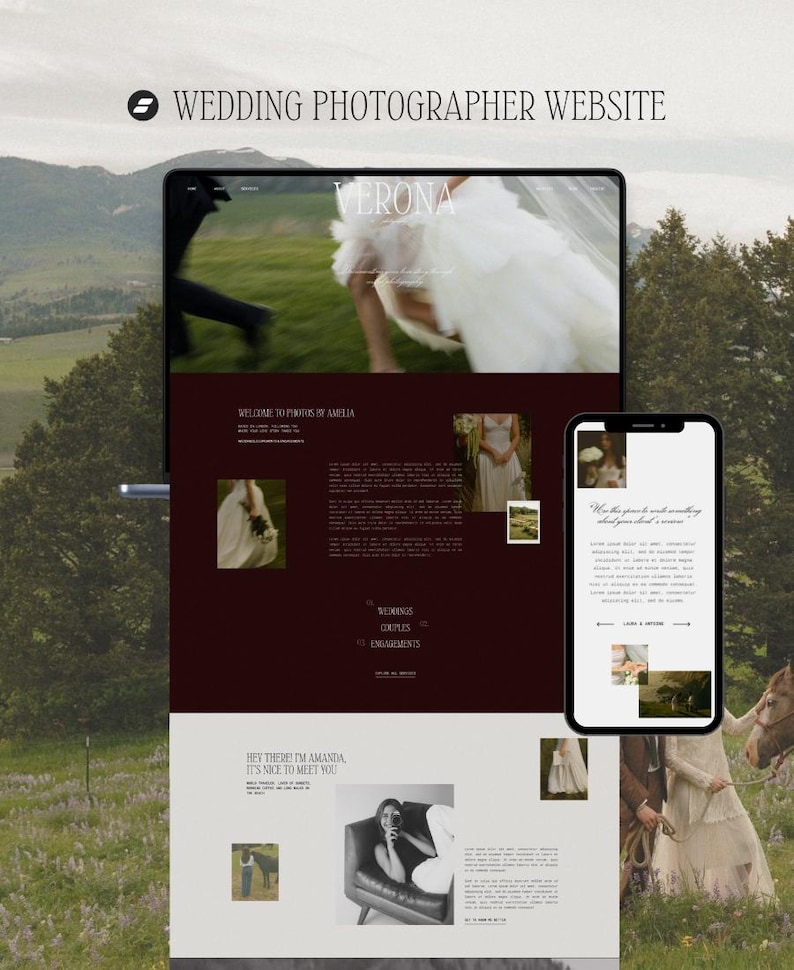 Puede incluir: Dise&ntilde;o de sitio web de fot&oacute;grafo de bodas que se muestra en una tableta y un tel&eacute;fono inteligente. El sitio web presenta un esquema de color rojo oscuro y crema con la palabra "VERONA" en la parte superior. El sitio web incluye el texto "WEDDINGS, COUPLES, ENGAGEMENTS".