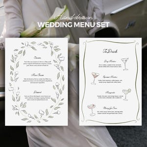 Cartão de menu de casamento em aquarela com ilustração de menu em aquarela, menu de bebidas de casamento moderno, papelaria de casamento, sinal de menu de coquetel em aquarela