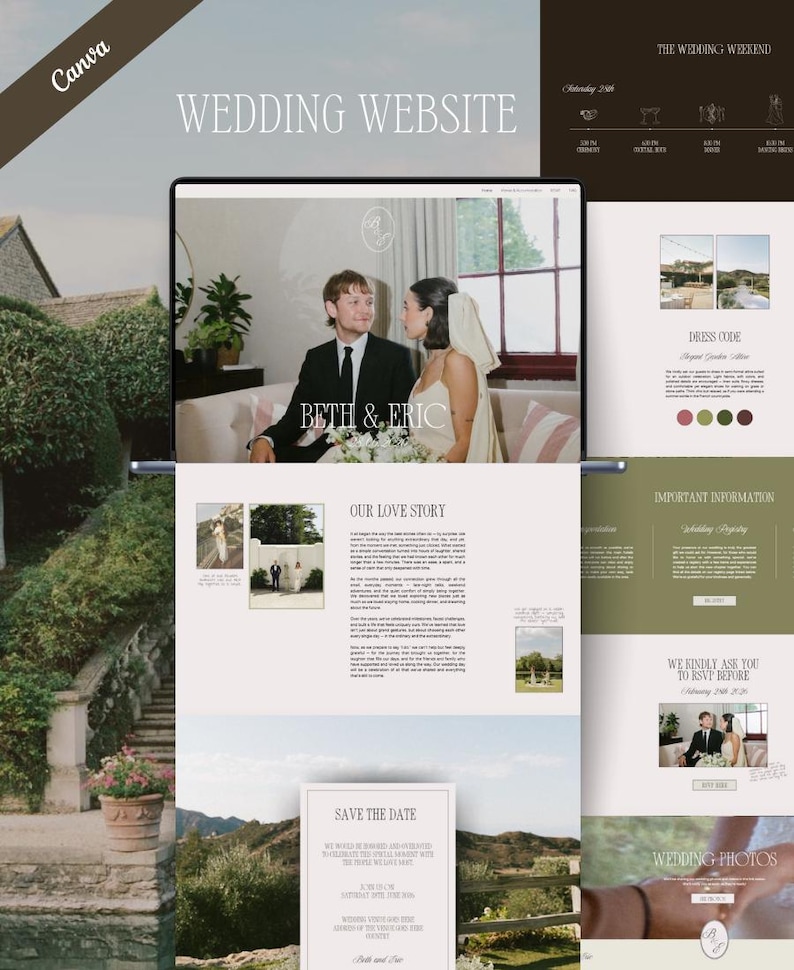 May include: A wedding website design displayed on a laptop screen. The website features a couple's photo, event details, and the text "WEDDING WEBSITE," "BETH & ERIC," and "SAVE THE DATE." The design uses a neutral color palette with green and brown accents.