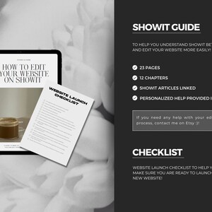 K&ouml;nnte beinhalten: Ein digitales Tablet zeigt eine Anleitung zum Bearbeiten einer Website auf Showit. Der Leitfaden umfasst 23 Seiten, 12 Kapitel und Links zu Showit-Artikeln. Eine Checkliste f&uuml;r den Start einer Website ist ebenfalls enthalten.