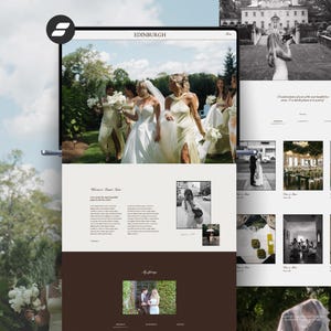 Könnte beinhalten: Ein digitales Website-Template-Layout mit dem Titel Edinburgh, das eine Sammlung von Hochzeitsfotografien zeigt. Das Design umfasst ein großes Hauptbild einer Braut mit Brautjungfern, verschiedene kleinere Fotogalerien, Textblöcke und einen dunkelbraunen Fußbereich.