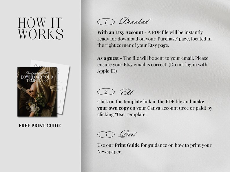 May include: A guide on how to download, edit, and print newspaper templates. The guide includes a free printable guide with the text "Download Your Templates".