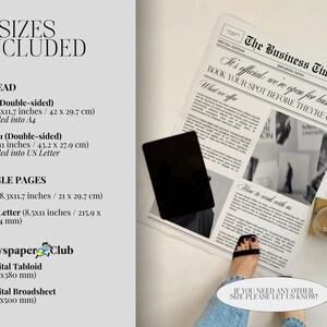 May include: A newspaper-themed product display featuring a black tablet, a copy of "The Business Times," and various sizes listed. The newspaper headline reads "It's official: we're open for business." The image includes text about available sizes.