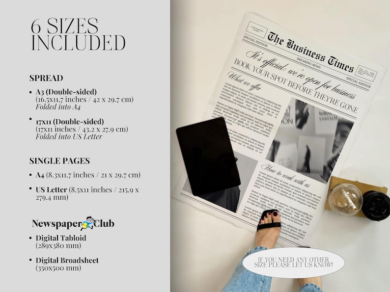 May include: A newspaper-themed product display featuring a black tablet, a copy of "The Business Times," and various sizes listed. The newspaper headline reads "It's official: we're open for business." The image includes text about available sizes.