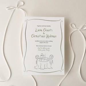 May include: A white wedding invitation with a green border. The invitation reads "Together with their families, Lana Chanti & Christian Holman joyfully invite you to their wedding, August 24th, 2019. The ceremony starts at 2:30 pm, Castle della Luna, Como Lake, Italy."