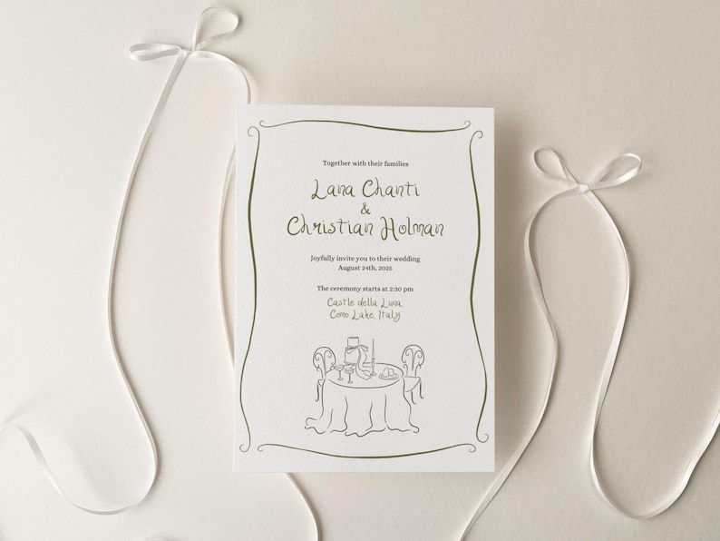 May include: A white wedding invitation with a green border. The invitation reads "Together with their families, Lana Chanti & Christian Holman joyfully invite you to their wedding, August 24th, 2019. The ceremony starts at 2:30 pm, Castle della Luna, Como Lake, Italy."
