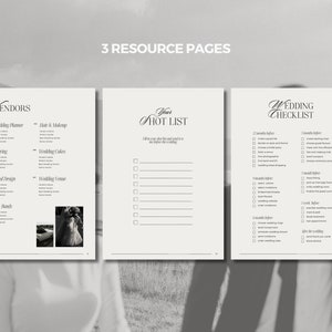 May include: Three black and white printable pages for wedding planning. The first page lists vendors, the second page is a "hot list" for to-dos, and the third page is a wedding checklist.