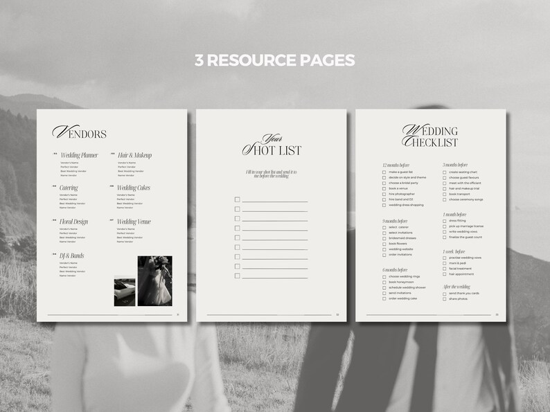 May include: Three black and white printable pages for wedding planning. The first page lists vendors, the second page is a "hot list" for to-dos, and the third page is a wedding checklist.