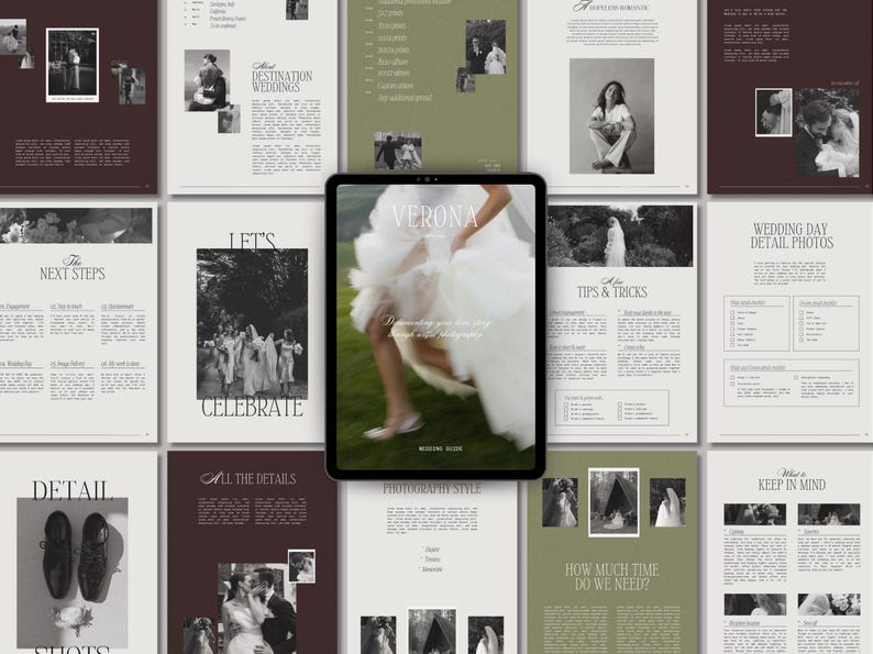May include: A digital tablet displaying a wedding photography guide, surrounded by pages with text and photos. The tablet screen shows a bride running, with the word "Verona" at the top. The pages have text and images related to weddings.
