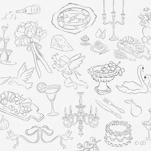 May include: A black and white line drawing illustration of a wedding or party scene with various elements including a champagne bottle, a bouquet of flowers, a plate of fish, a bowl of grapes, a cake, a chandelier, a pair of swans, a cupid, and a pair of doves.