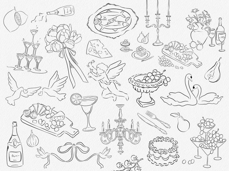 May include: A black and white line drawing illustration of a wedding or party scene with various elements including a champagne bottle, a bouquet of flowers, a plate of fish, a bowl of grapes, a cake, a chandelier, a pair of swans, a cupid, and a pair of doves.