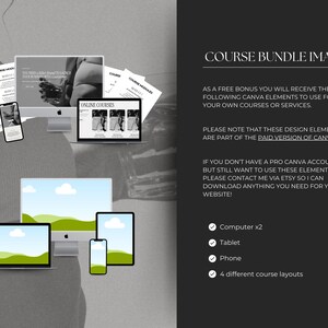 K&ouml;nnte beinhalten: Ein Mockup eines Kurspakets mit Bildern eines Computers, Tablets und Telefons, die eine Kurs-Landingpage anzeigen. Der Text auf der Seite lautet "Online-Kurse". Der Text auf der rechten Seite des Bildes lautet "Kurspaket-Bilder: Als kostenloses Bonus erhalten Sie die folgenden Canva-Elemente, die Sie f&uuml;r Ihre eigenen Kurse oder Dienstleistungen verwenden k&ouml;nnen. Bitte beachten Sie, dass diese Designelemente Teil der kostenpflichtigen Version von Canva sind. Wenn Sie kein Pro-Canva-Konto haben, aber diese Elemente trotzdem verwenden m&ouml;chten, kontaktieren Sie mich bitte &uuml;ber Etsy, damit ich alles herunterladen kann, was Sie f&uuml;r Ihre Website ben&ouml;tigen! Computer x2, Tablet, Telefon, 4 verschiedene Kurslayouts."