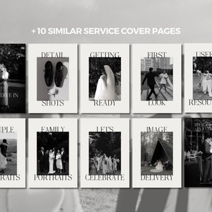 May include: A collage of black and white photos showcasing different aspects of wedding photography, including couple portraits, family portraits, getting ready shots, and the first look. The text "Let's Dive In", "Detail Shots", "Getting Ready", "First Look", "Couple Portraits", "Family Portraits", "Let's Celebrate", "Image Delivery", and "Your Story in Every Detail" is included in the collage.