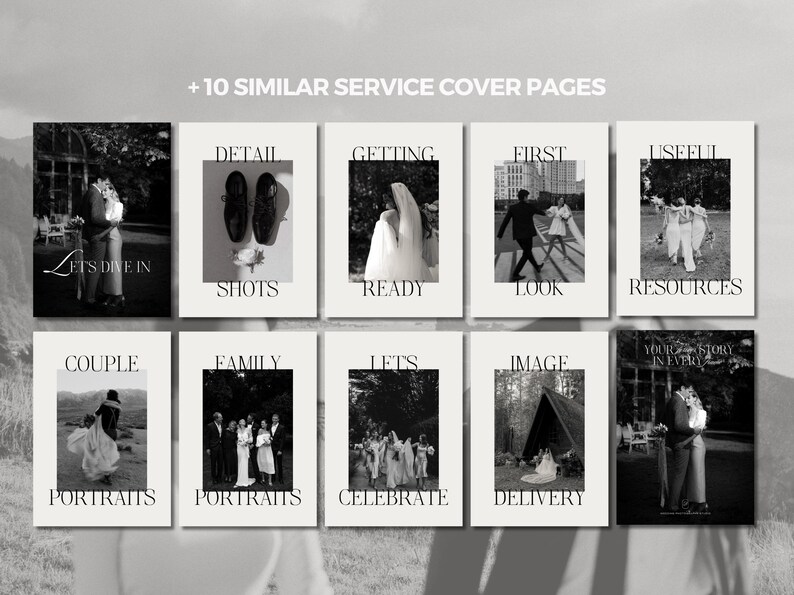 May include: A collage of black and white photos showcasing different aspects of wedding photography, including couple portraits, family portraits, getting ready shots, and the first look. The text "Let's Dive In", "Detail Shots", "Getting Ready", "First Look", "Couple Portraits", "Family Portraits", "Let's Celebrate", "Image Delivery", and "Your Story in Every Detail" is included in the collage.