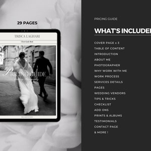 K&ouml;nnte beinhalten: Ein digitales Tablet zeigt ein Schwarzwei&szlig;foto eines Paares in Hochzeitskleidung. Der Text "Pricing Guide" ist auf dem Bildschirm sichtbar. Das Tablet befindet sich auf einer wei&szlig;en Oberfl&auml;che. Der Text "29 Pages" befindet sich &uuml;ber dem Tablet. Der Text "Pricing Guide" befindet sich auf der rechten Seite des Bildes. Der Text "What's Included" befindet sich unter dem Text "Pricing Guide". Der Text "Cover Page x 3", "Table of Content", "Introduction", "About Me", "Photographer", "Why Work With Me", "Work Process", "Services Details", "Pages", "Wedding Vendors", "Tips & Tricks", "Checklist", "Add Ons", "Prints & Albums", "Testimonials", "Contact Page", "& More!" ist unter dem Text "What's Included" aufgelistet. Die Zahl "2" befindet sich in der oberen rechten Ecke des Bildes.