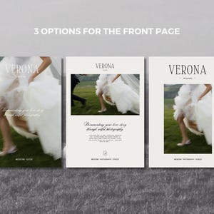 May include: Three design options for a wedding photography studio's front page. Each design features the word "VERONA" in a serif font, with an image of a bride in a flowing white dress. The text reads "Documenting your love story through artful photography."