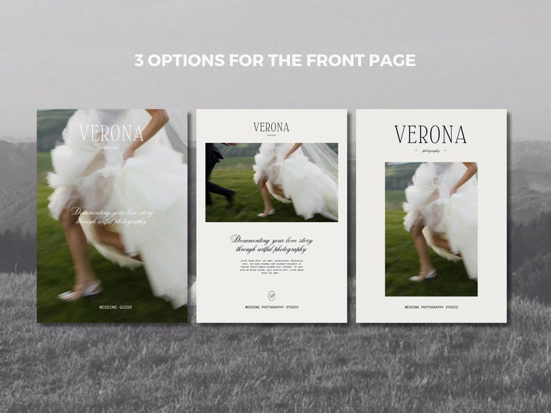 May include: Three design options for a wedding photography studio's front page. Each design features the word "VERONA" in a serif font, with an image of a bride in a flowing white dress. The text reads "Documenting your love story through artful photography."