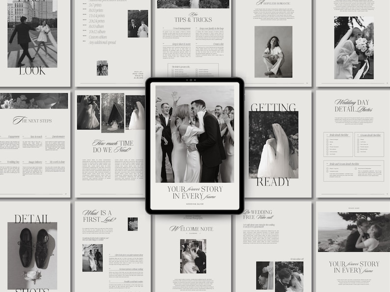May include: A black and white wedding photography guide with the title "Your Story in Every Frame" on the cover. The guide includes tips and tricks for wedding photography, a checklist of wedding day detail shots, and a section on getting ready for the wedding.