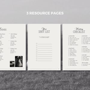 May include: Three resource pages for wedding planning. The pages include vendor lists, a shot list, and a wedding checklist. The text is in black on a cream background. The background is a blurred image of a mountain range.
