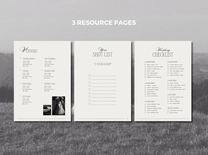 May include: Three resource pages for wedding planning. The pages include vendor lists, a shot list, and a wedding checklist. The text is in black on a cream background. The background is a blurred image of a mountain range.