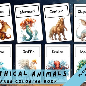 MYTHICAL ANIMALS  • 13 Printable Flashcards, Teaching Learning Resources,Teaching Activities, Animals Home Education,Montessori Flash Cards