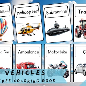 VEHICLES • 24 Montessori Cards • Flash Cards Nomenclature FlashCards Pdf Printable Cards Transportation Car preschool