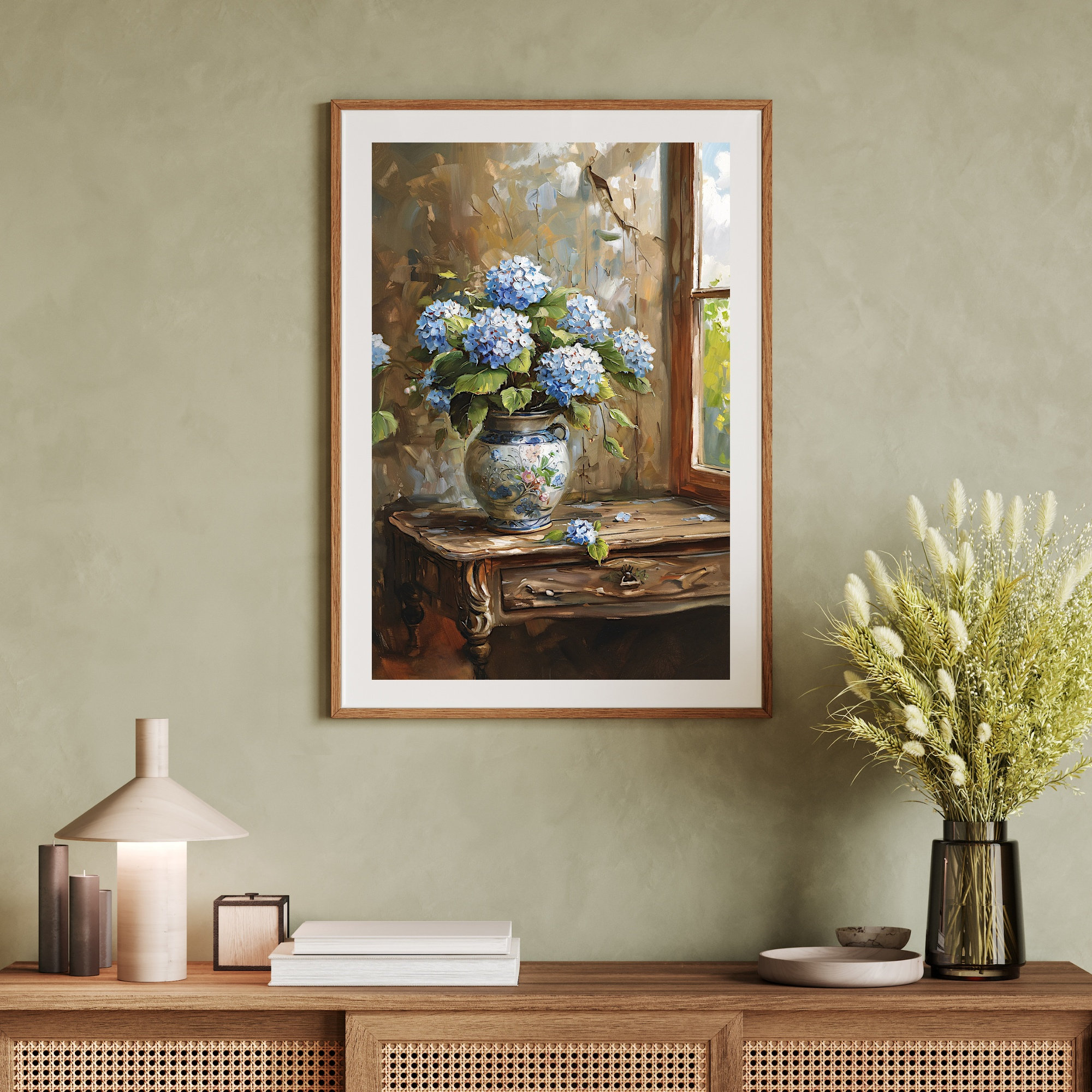Blue Hydrangea Wall Art Print Floral Still Life Painting Vintage Spring ...