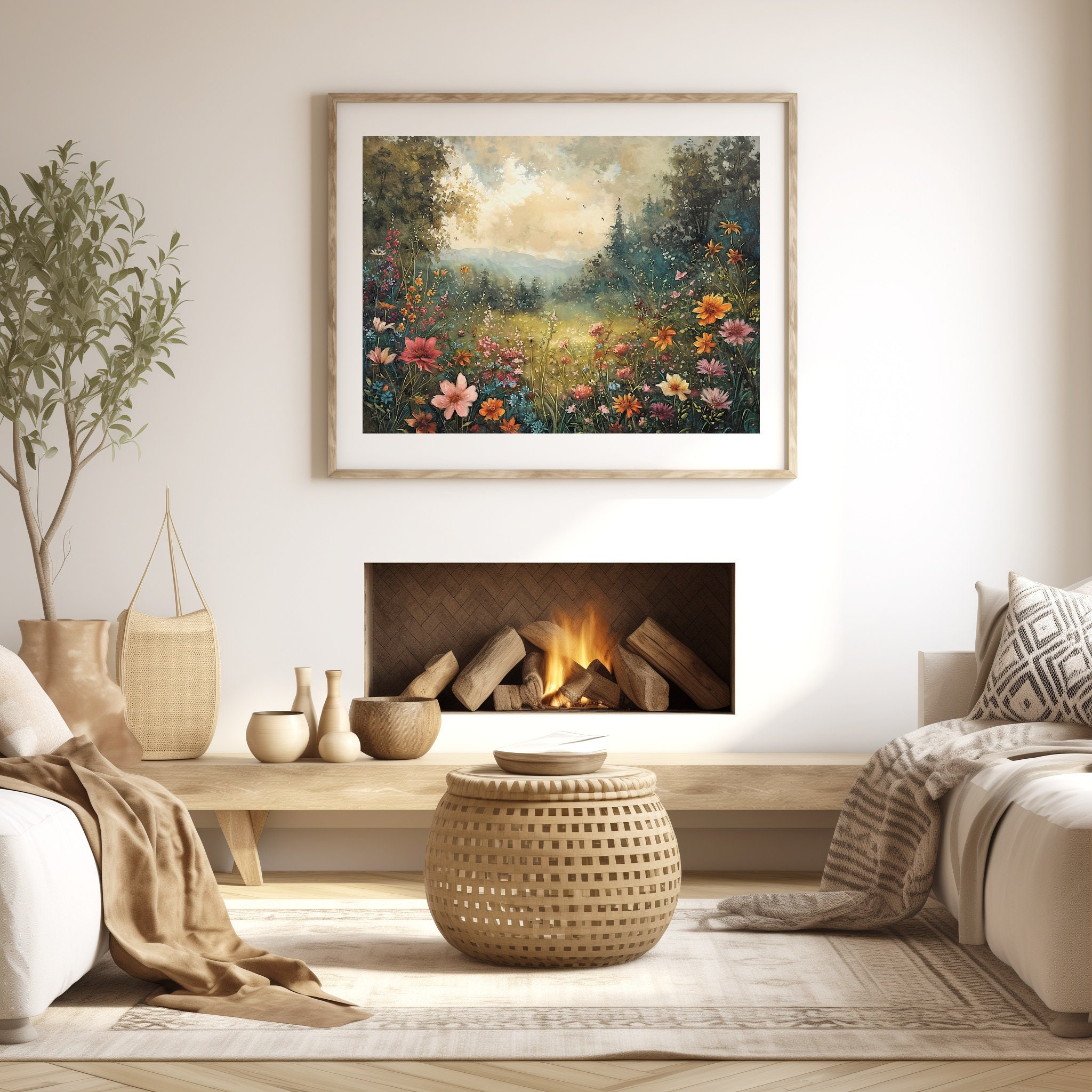 Wildflower Landscape Wall Art Print Colorful Spring Meadow Vintage ...