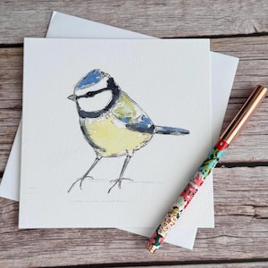 Tarjeta de felicitación en blanco de acuarela de herrerillo común: tarjeta de pájaro de jardín, tarjeta de cumpleaños de pájaro, tarjeta de aniversario, tarjeta de agradecimiento