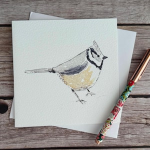 Tarjeta de felicitación en blanco de acuarela de herrerillo capuchino: tarjeta de pájaro de jardín, tarjeta de cumpleaños de pájaro, tarjeta de aniversario, tarjeta de agradecimiento