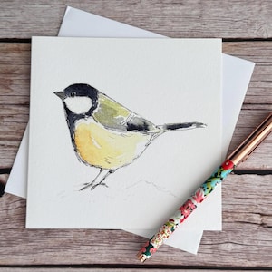 Tarjeta de felicitación en blanco de carbonero común en acuarela: tarjeta de pájaro de jardín, tarjeta de cumpleaños de pájaro, tarjeta de aniversario, tarjeta de agradecimiento