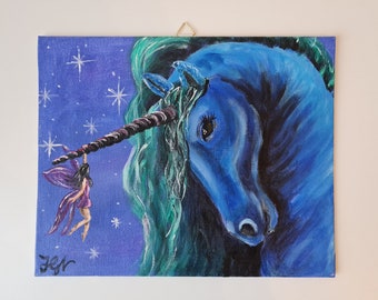 Acrylic Painting Fairy and a Unicorn, Acrylmalerei Fee und Einhorn