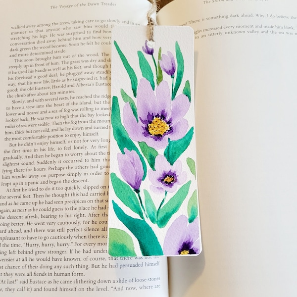 Handmade Original Watercolor Bookmark- Purple Flowers, Hand-painted | Watercolor Gift, Cute Bookmark, Gift for Booklovers