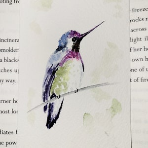 Handmade Original Watercolor Bookmark- Resting Hummingbird, Hand-painted