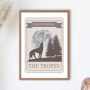 May include: A vintage-style card with a wolf howling at the moon. The card is beige with brown text and a brown wolf silhouette. The text reads "Paranormal" and "The Tropes".