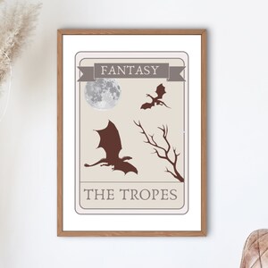 Puede incluir: Una impresión enmarcada con temática de fantasía. La obra de arte incluye siluetas de dragones, una luna llena y ramas de árboles desnudas. Los textos "FANTASY" y "THE TROPES" se muestran en una pancarta y un marco rectangular. La paleta de colores es neutra con tonos marrones y beige.