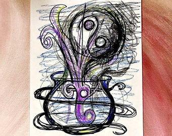 May include: A black and white drawing of a cauldron with purple and green smoke rising from it. The text "You cultivate balance in your career" is below the image.