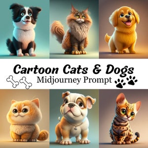 High-Quality Cartoon Cats and Dogs Midjourney Prompt, Cartoon animal characters, Prompts for cat and dog lovers