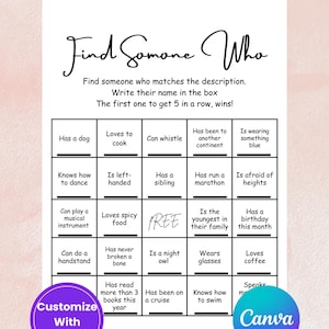 Find Someone Who Bingo Icebreaker | Icebreaker Questions | Dinner Party Conversation Starters | IceBreaker Printable games