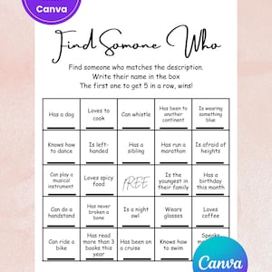 Find Someone Who Bingo Icebreaker | IceBreaker Printable games | Icebreaker Questions | Dinner Party Conversation Starters